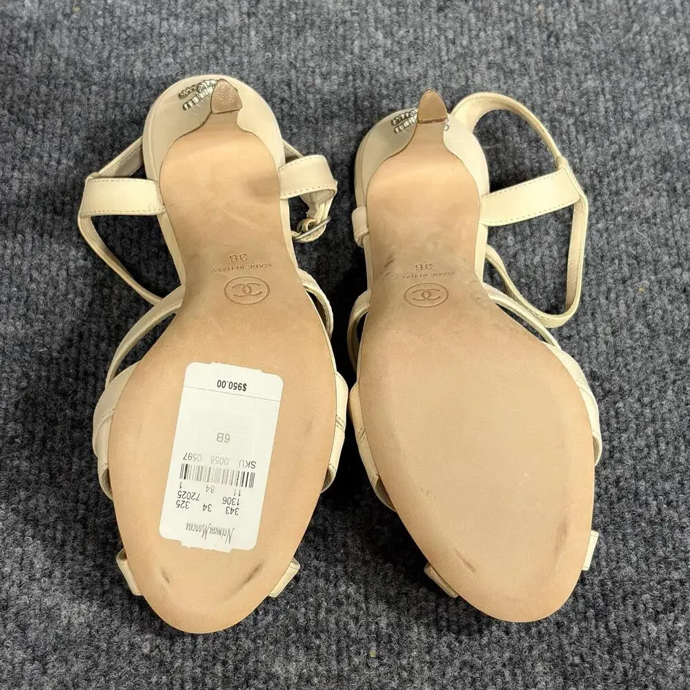 Chanel Strappy Sandals Womens 6 Beige Quilted Leather CC Logo Heels Italy